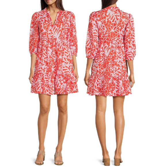 Tyler Boe  Karli Linen Split V-Neck 3/4 Sleeve Tiered Mini Dress Chattanooga L - Picture 1 of 5